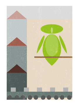 Abstract artwork on environmentalism. A green bird and a city in gray tones behind the bird. grunge texture vector poster background.
