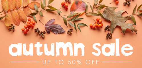 Banner for autumn sale with dry leaves on beige background