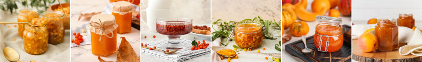 Collage of sweet jams on light table