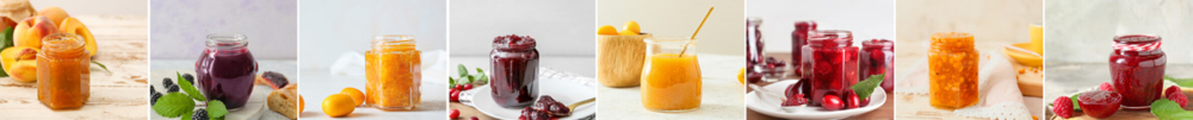 Collection of sweet jams in jars on light background