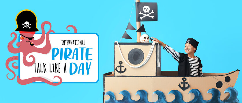 Banner for Talk Like a Pirate Day with little boy and paper ship on blue background