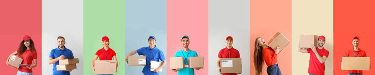 Set of couriers with parcels on colorful background