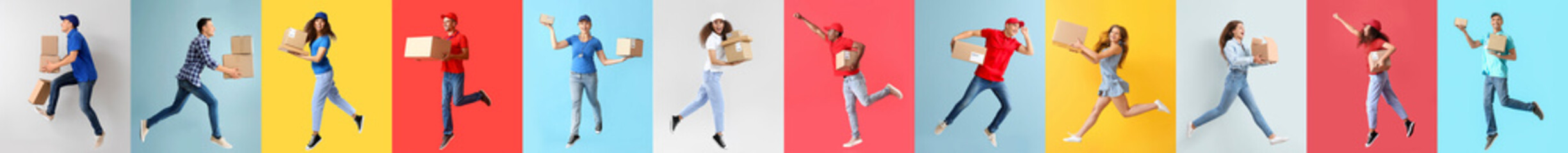 Set of jumping couriers and customers with parcels on colorful background