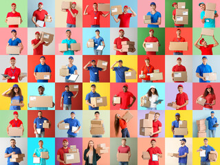 Set of couriers with parcels on colorful background