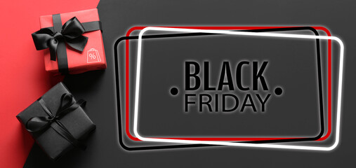 Gift boxes on color background. Black Friday sale