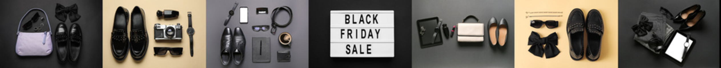 Collage of stylish clothes and text BLACK FRIDAY on dark and yellow background