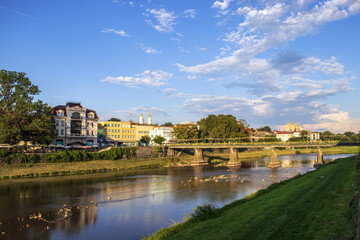 Clear weather in a quiet town. River Uzh is in the foreground. Trip to Uzhgorod