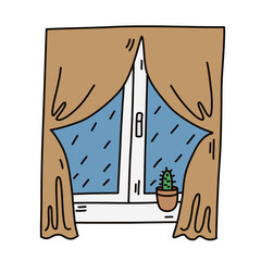 Vector Illustration of a Window with Brown Curtains and Autumn Rainy Weather. Rain outside the Window. Sketch, Cartoon Style Drawing Isolated on a White Background.
