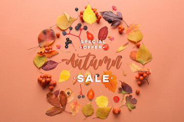 Banner for autumn sale with dry leaves on pink background