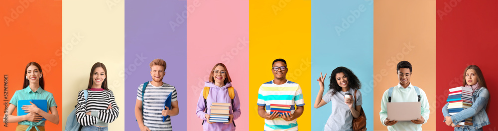 Poster set of different students on color background