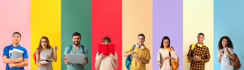 Group of different students on color background