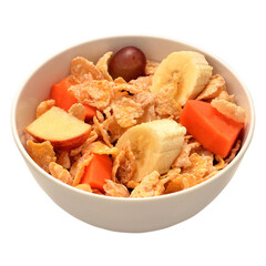 breakfast cereal with banana, apple, papaya and grape in the jar