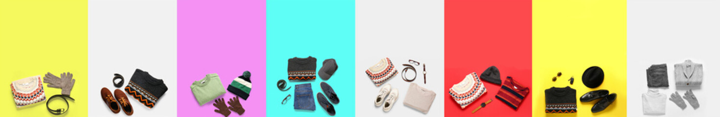 Collection of autumn and winter clothes with accessories for men on color background