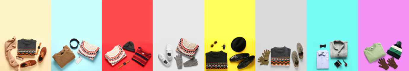 Collage of autumn and winter clothes with accessories for men on color background, top view