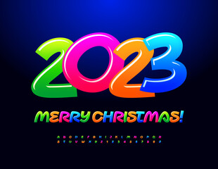Glossy colorful vector Greeting Card Merry Christmas 2023! Candy Alphabet letters, Numbers and Symbols. Graphic style Font