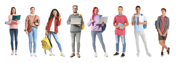 Group of different students on white background