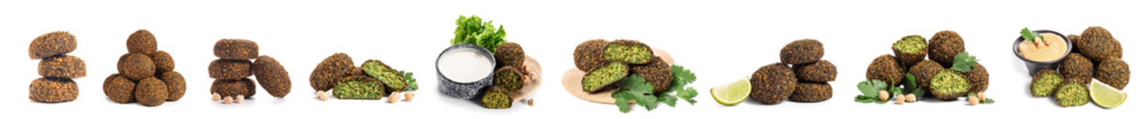 Collage of tasty falafel balls on white background
