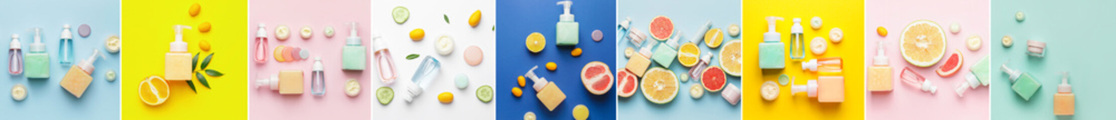 Collage of cosmetic products on color background, top view