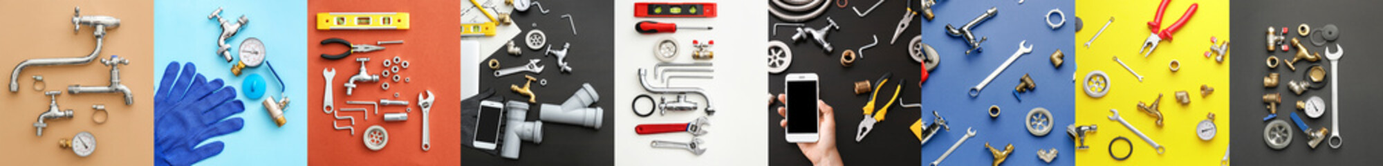 Collage of plumber's items on color background, top view