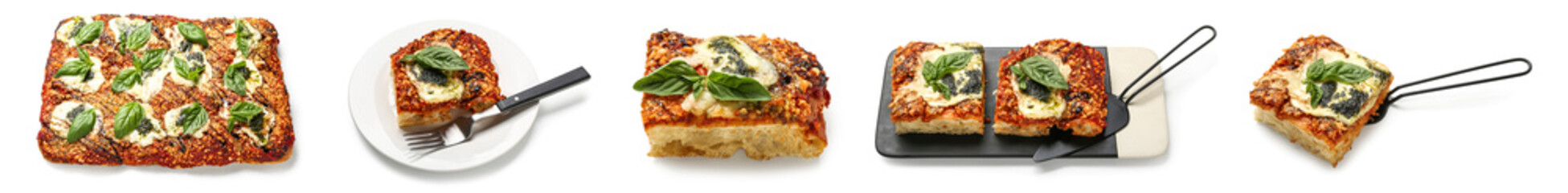 Collage of tasty Italian pie on white background