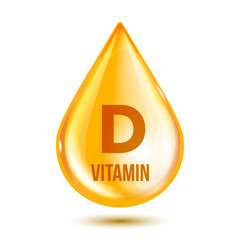 Shiny yellow drop. Healthy medicine pill with letter vitamin D symbol.
