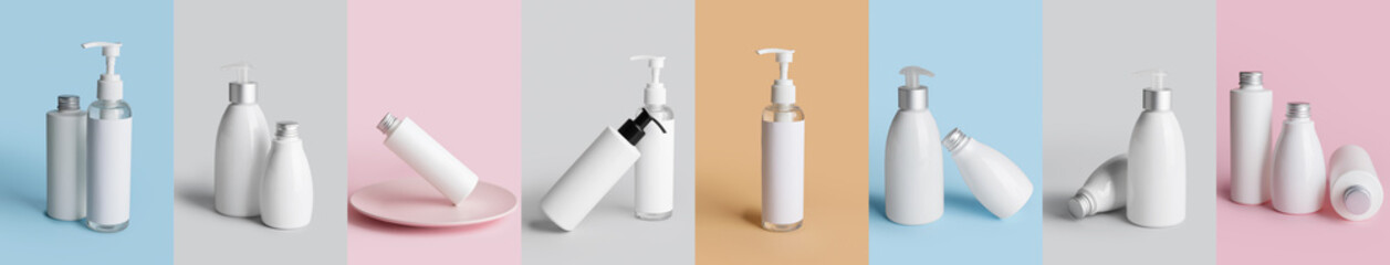 Collage of different blank bottles on color background