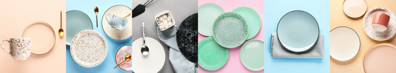 Collection of stylish tableware on color background, top view