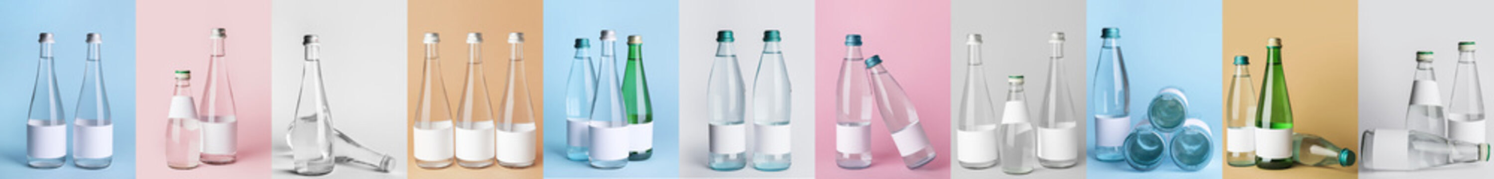 Collage of glass bottles of clean water