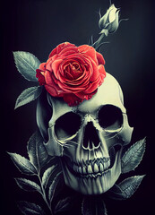 Human skull with a red rose resting on top. The only warm color is from the flower. Gothic and somber artwork in a traditional style. 
