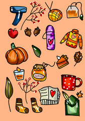 Autumn set includes pumpkin, thermos, sweater, tea, ball of thread, jar of honey, candle, cake, leaves, acorns, cup, book, socks.All these things are necessary for cozy autumn