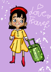 A fashionable and beautiful girl likes to travel. she holds a large suitcase. She is slim and modern. she is dressed in a yellow dress, red beret, red boots. She is happy and smiling. Her trip will go