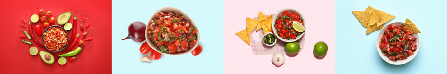 Collage of tasty salsa sauces in bowls on color background, top view