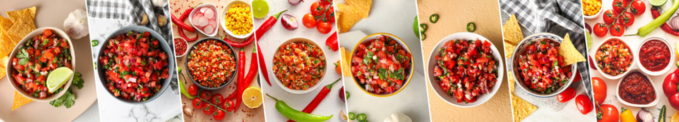 Collage of tasty salsa sauces in bowls on table, top view
