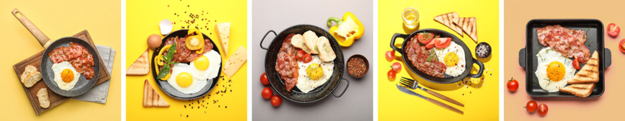Collage of tasty fried eggs with bacon, vegetables and bread on color background