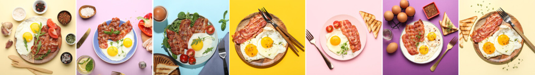 Collage of tasty fried eggs with bacon, vegetables and bread on color background, top view