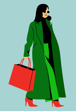 vector trendy flat design image of a beautiful girl in a long green trench coat and light green pants is walking down the street. useful for web, graphic design, print, clothing stores, cards, posters