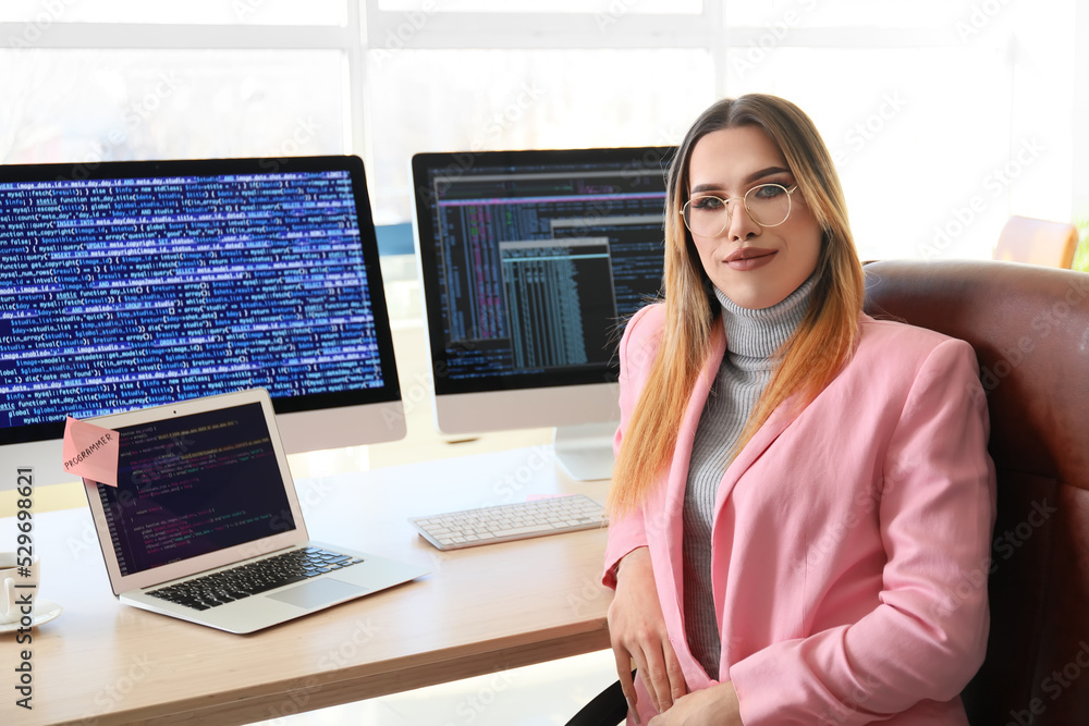 Poster transgender programmer working in office