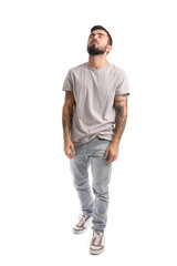 Fototapeta premium Portrait of bearded man in despair on white background