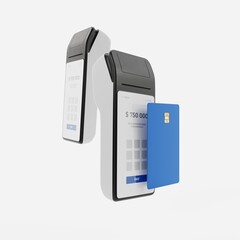 Settlement and cash register with the function of contactless payment by bank card. Attached bank card to the cash register. 3d rendering.