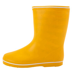 Yellow rubber rain boots isolated on white background.Yellow rubber boots for kids isolated on white background.Waterproof polymeric footwear. Children's shoes..Yellow rain boots footwear fashion.