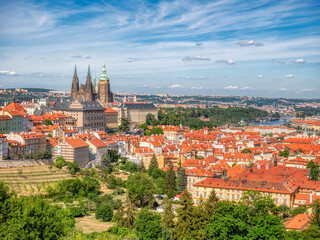 Prague, Czech Republic - June 2022: Beautiful view with the St. Vitus Cathedral located in Prague Castle. close up detail.