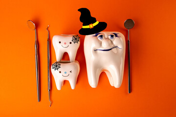 halloween. holiday concept. Dental health concept. Dentist day concept. Flat lay, top view, copy space for text.stomatology.