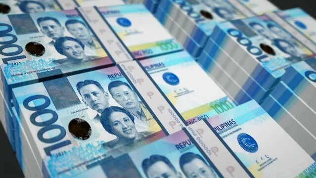 Philippines money Philippine Peso money pack loop 3d animation. Loopable seamless concept of finance, cash, economy, business and bank. Camera moving over the 1000 PHP banknote bundle stacks.