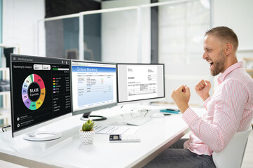 Excited Man With Online Budget Tracker