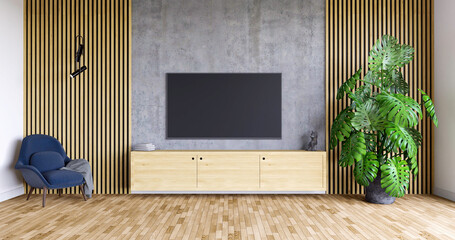 Salon, betonowa ściana z telewizorem i drewnianymi elementami ozdobnymi. Render 3d - obrazy, fototapety, plakaty