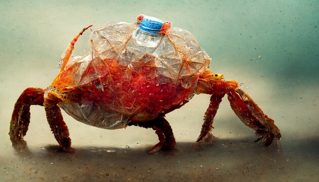 Crab stuck in plastic bottle litter becouse of the sea filled with trash, warning picture
