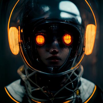 Cyberpunk girl listens to music wearing glowing yellow headphones with red eyes, sci-fi cover art