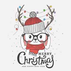 Cute little rabbit with deer horns, christmas garland, knitted cap, scarf. Christmas card. New Year. Season's Greetings