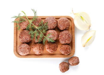 Wooden board with tasty meat balls, dill and onion on white background