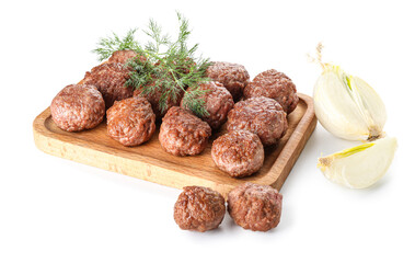 Wooden board with tasty meat balls, dill and onion on white background